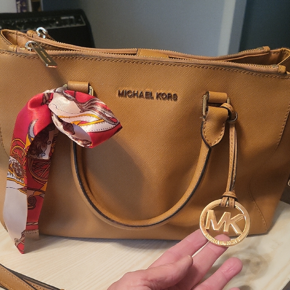 Michael Kors Tan Saffiano Satchel with Scarf and Gold Charm